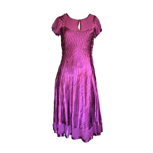 S.L. Fashions Taffeta Dress A Line Midi Sheer Lace Scoop Neck Purple S - Picture 1 of 8
